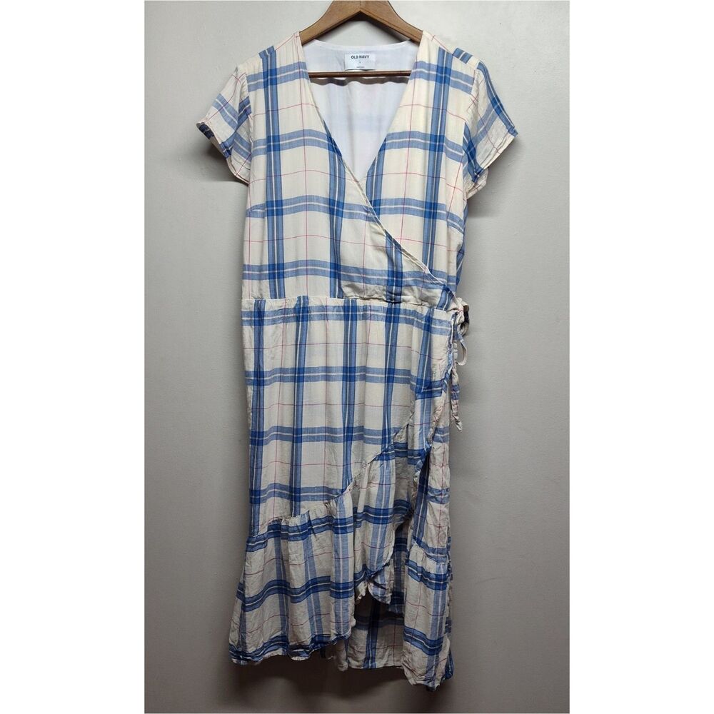 Old Navy Mini Dress Women XL Cream Blue Plaid Short Sleeve Americana Coastal